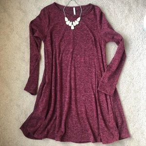 Marbled Red Wine Sweater Tunic Dress with Pockets